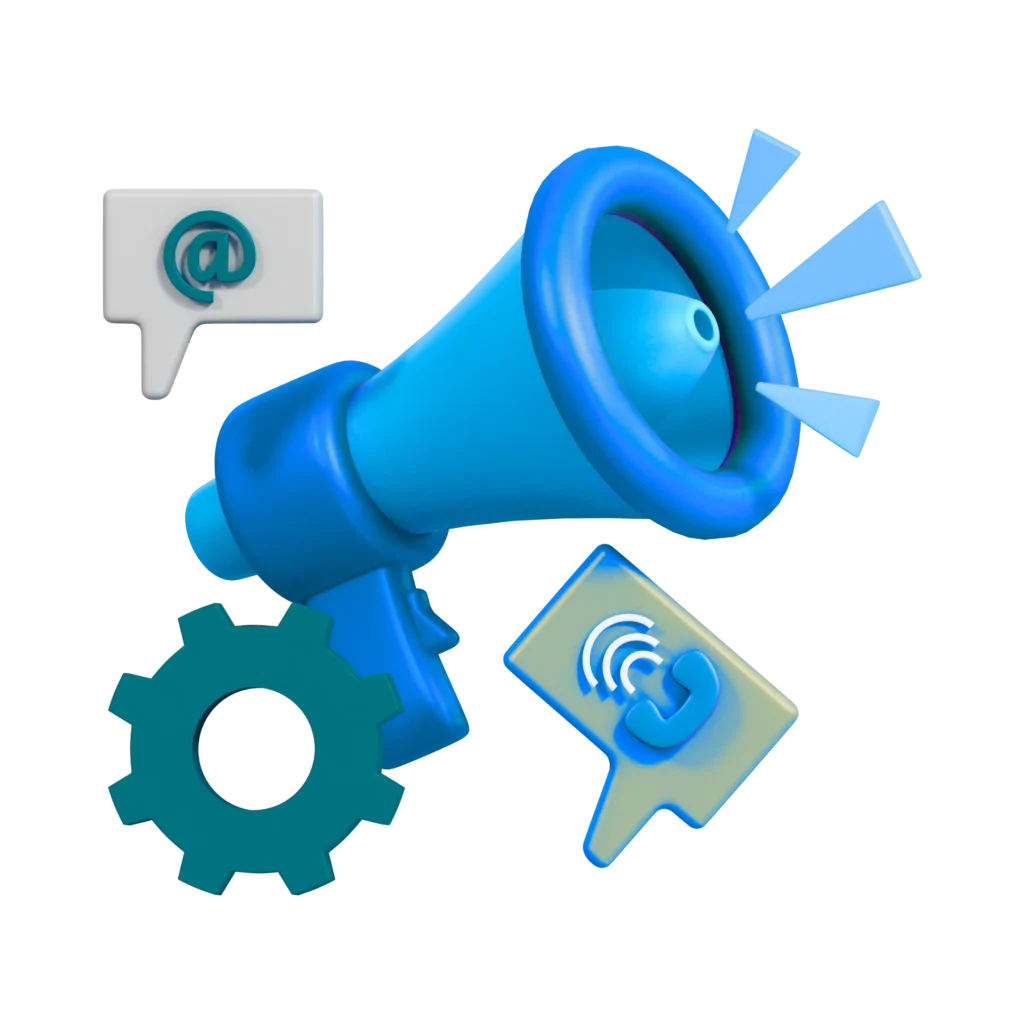 Un megáfono azul con engranajes e iconos, que representa la comunicación y la tecnología.